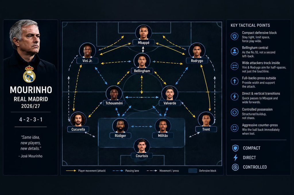 Mourinho Real Madrid 4-2-3-1 tactical setup 2026/27 with key tactical points and passing lanes