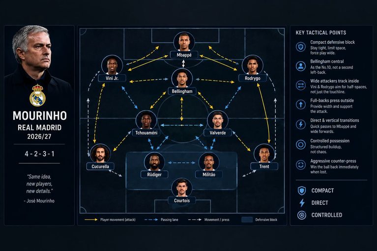 Mourinho Real Madrid 4-2-3-1 tactical setup 2026/27 with player movement and passing lanes